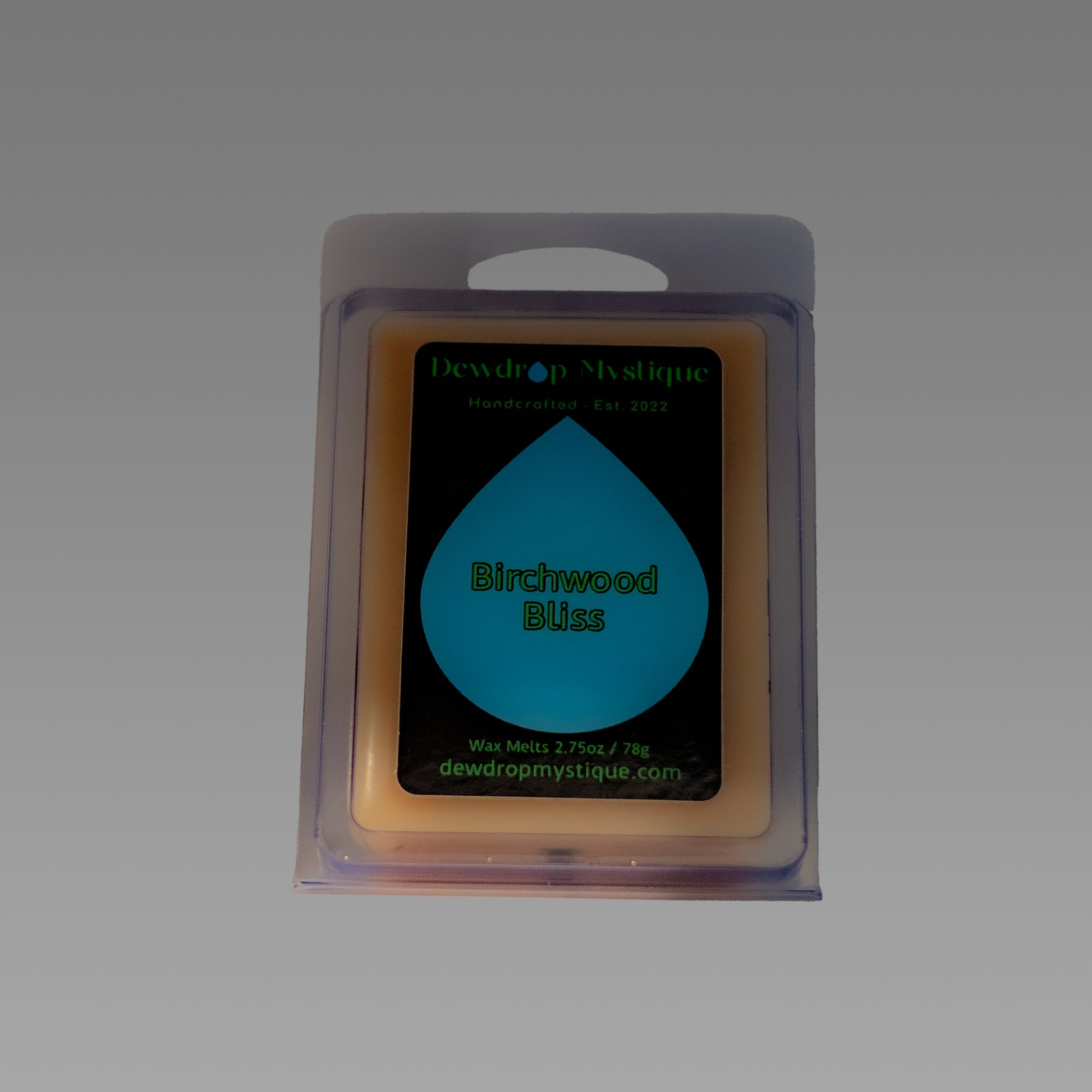 A single Birchwood Bliss Wax Melt in packaging, with a blue label and a clear window displaying the wax melt inside.
