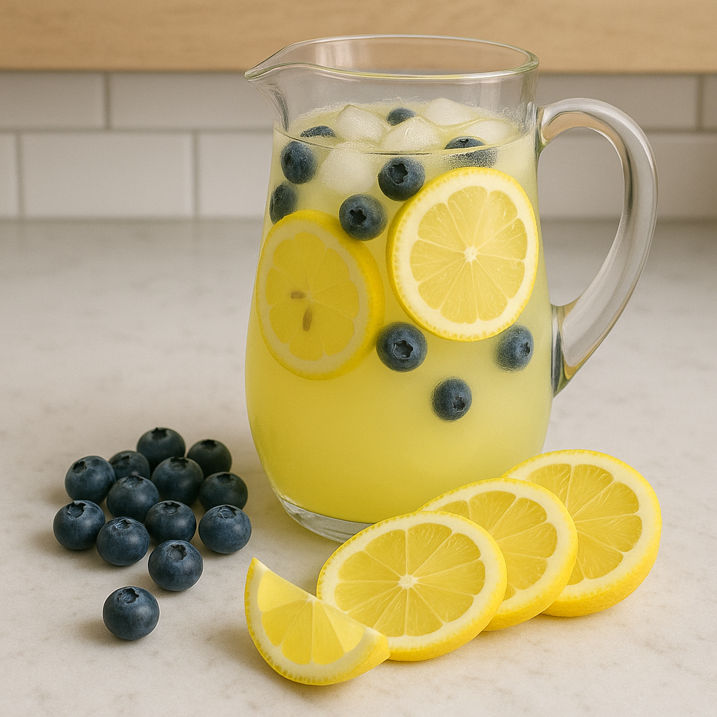 Pitcher of lemonade with blueberries sitting on a counter.