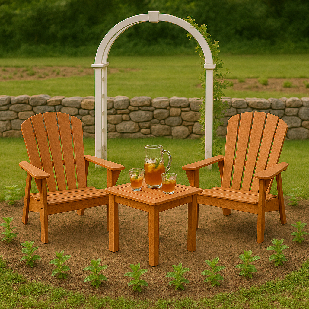 Two wooden chairs with a small table and drinks under a white archway in a garden setting.