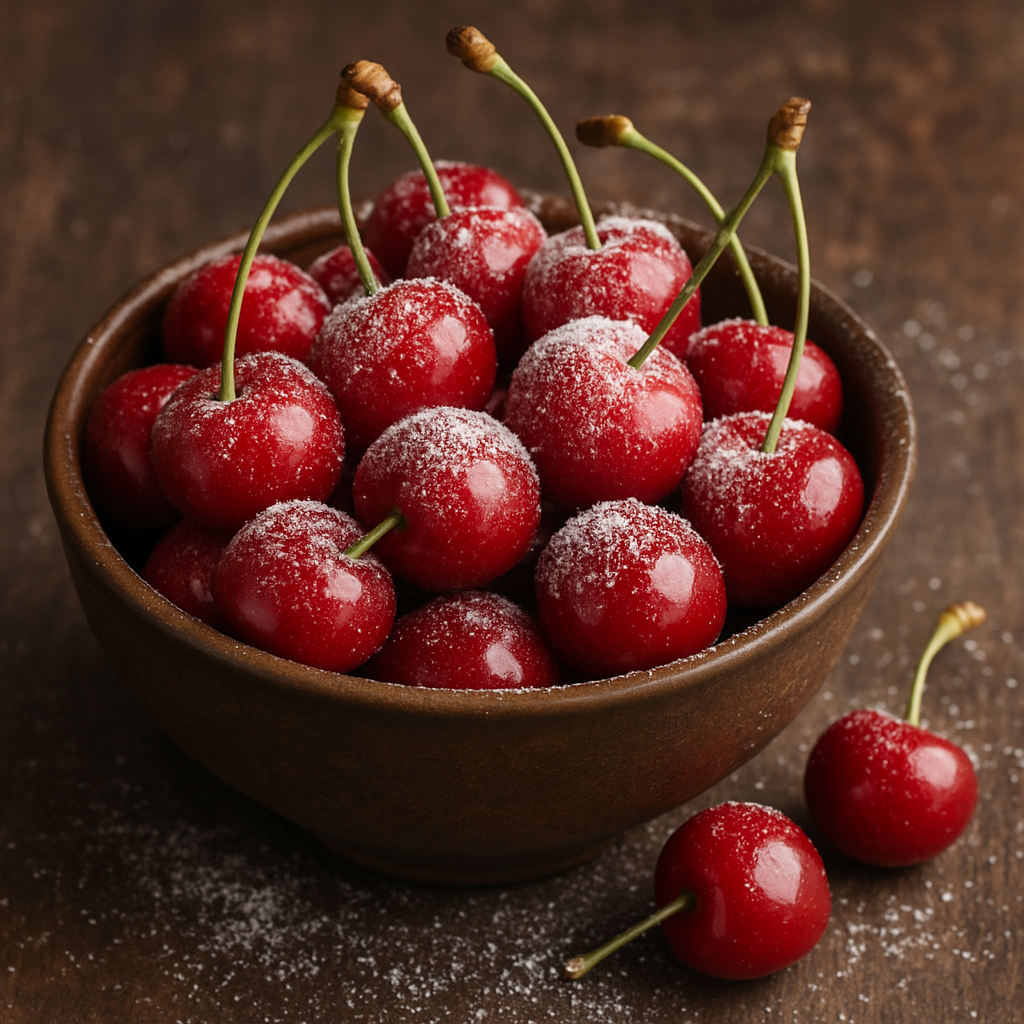 Bowl of red cherries with sugar on a dark background