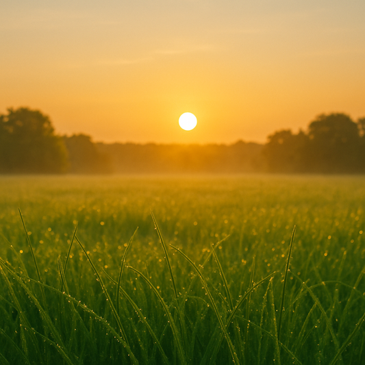 Golden sunrise behind field of grass covered in morning dew.