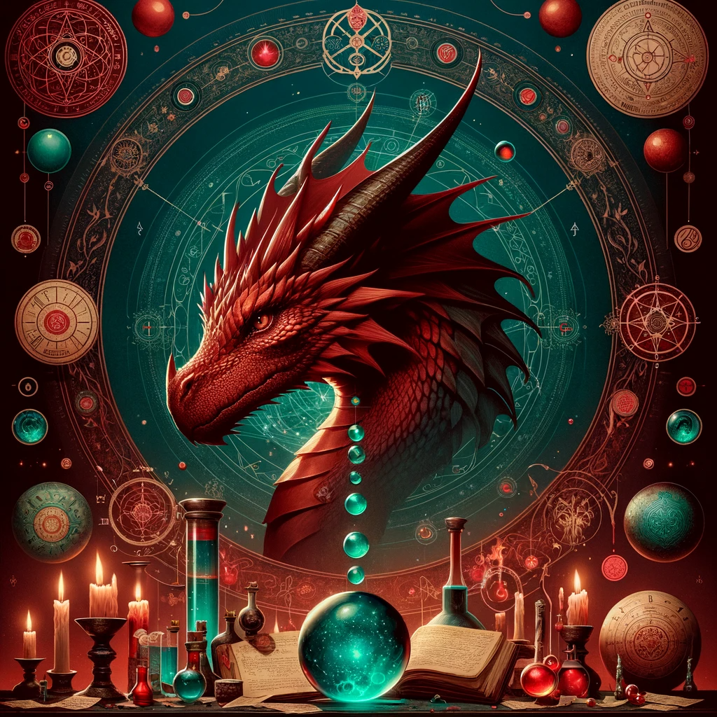 Red dragon head behind a fantasy style work table.