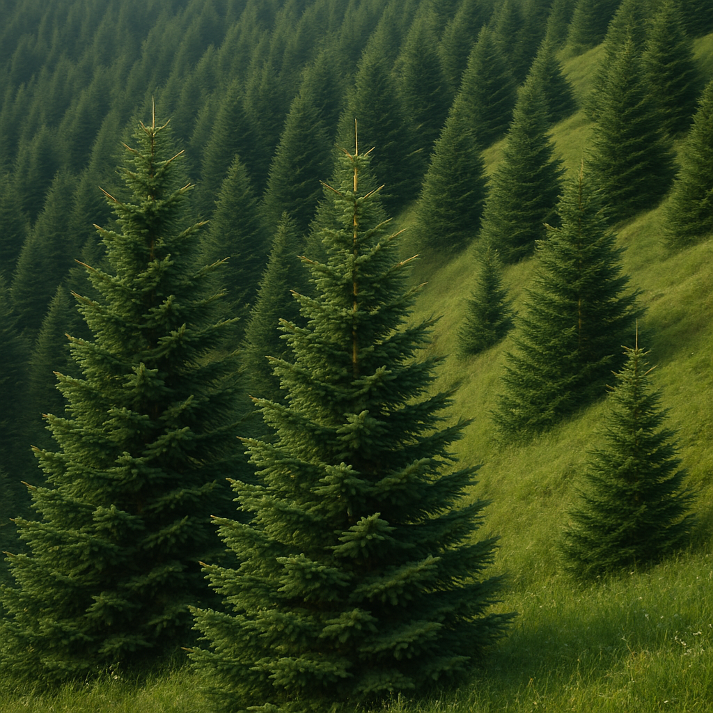 Coniferous trees on a grassy hillside
