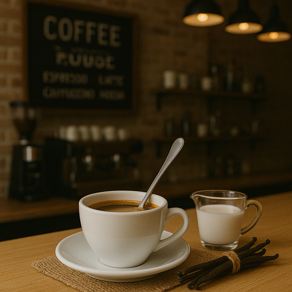 Cup of coffee with a spoon on a saucer, next to a glass of milk and vanilla beans on a wooden table.