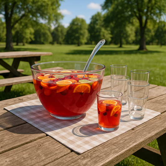Punch bowl filled with punch and mixed fruits on a picnic table.