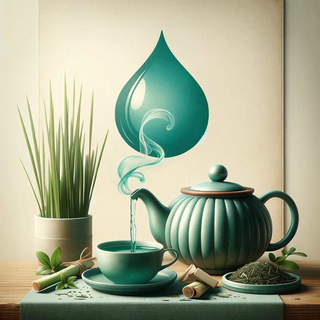 Tea pot with lemongrass and green team with a blue-green dewdrop in the background.