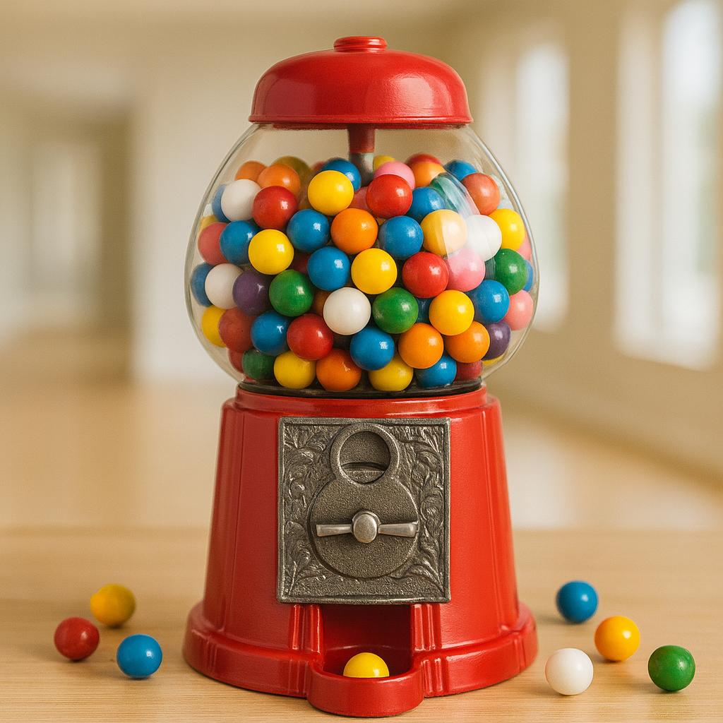 Gumball machine with colored gumballs.