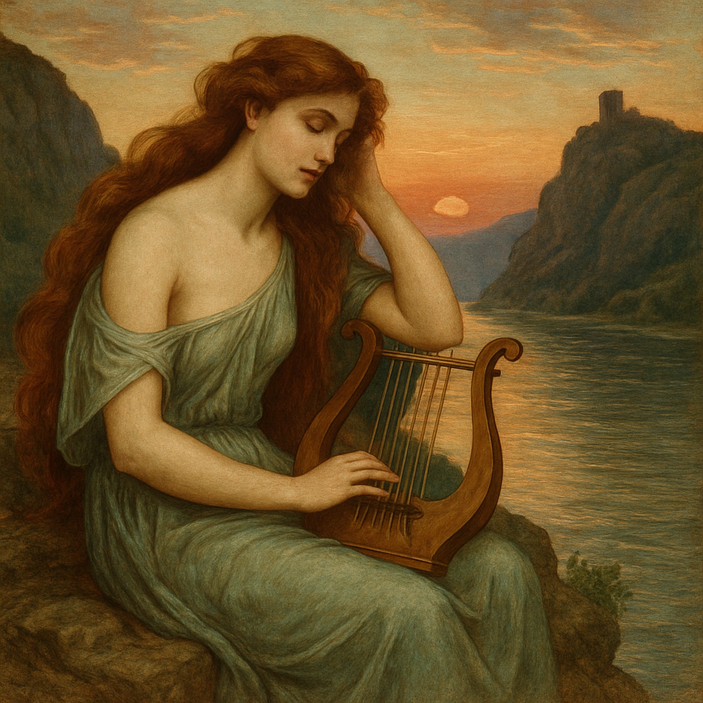 Woman with long red hair playing a harp next to a river.