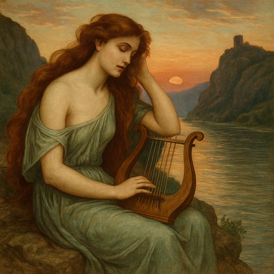 Woman with long red hair playing a harp next to a river.
