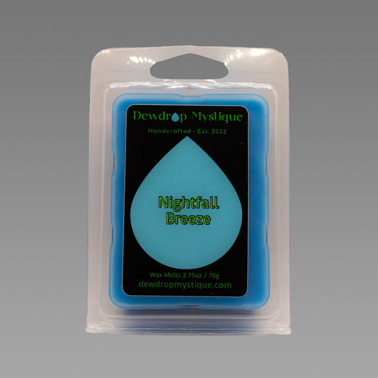 A packaged wax melt in blue color, labeled 'Nightfall Breeze', indicating a serene and relaxing fragrance.