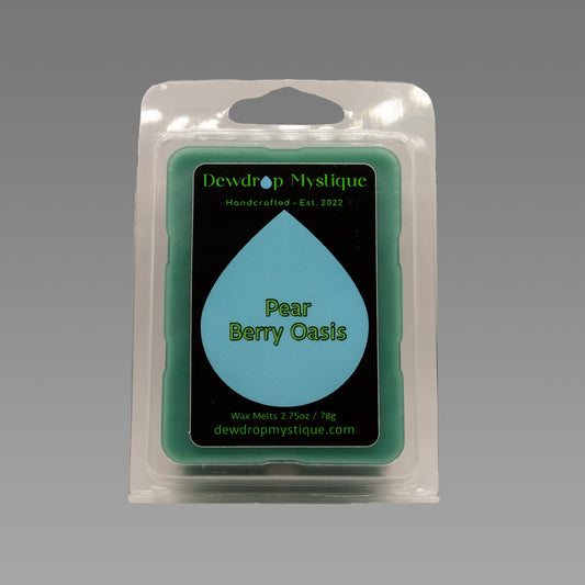 A packaged wax melt that reads 'Pear Berry Oasis'.