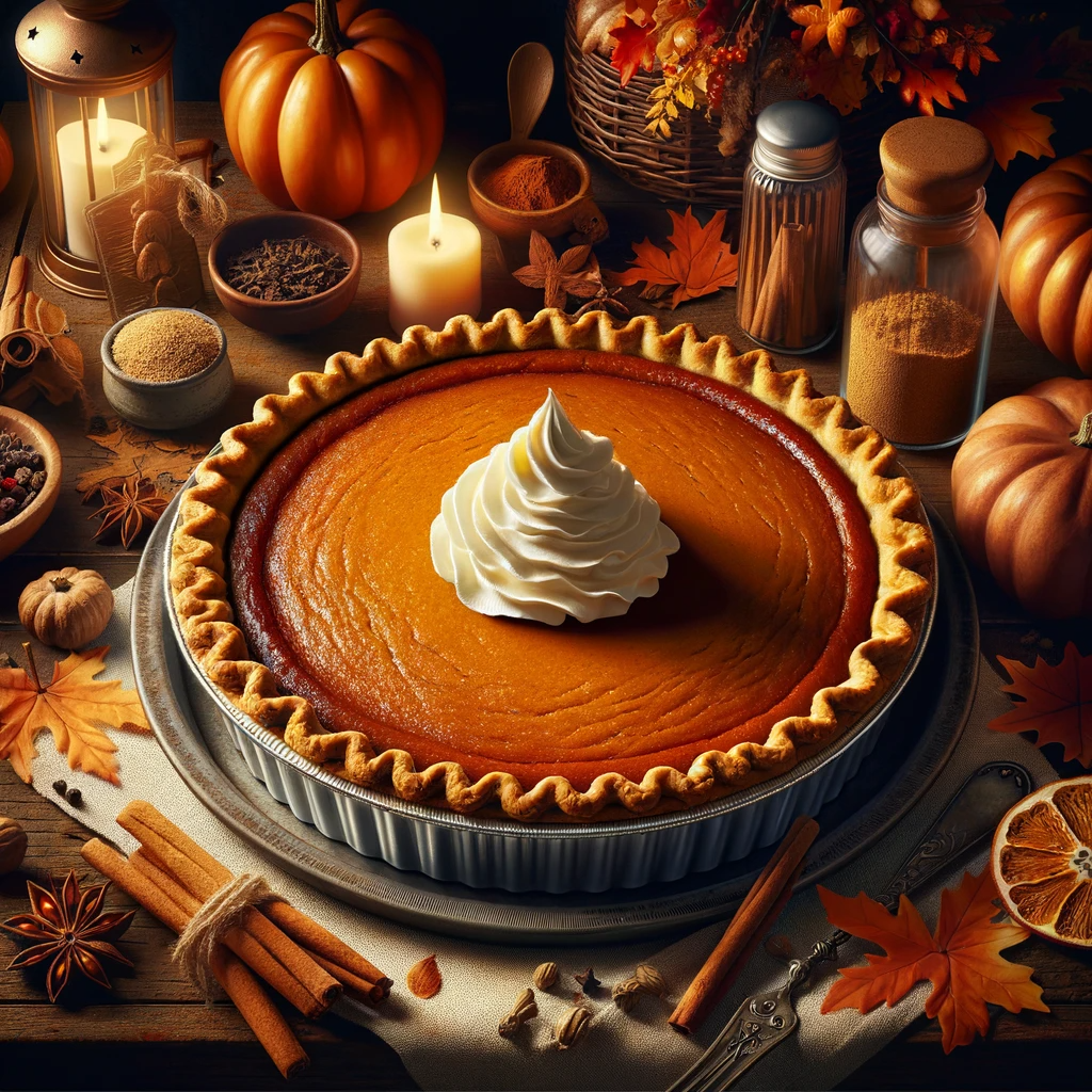Pumpkin pie with whipped cream on table surrounded by spices.