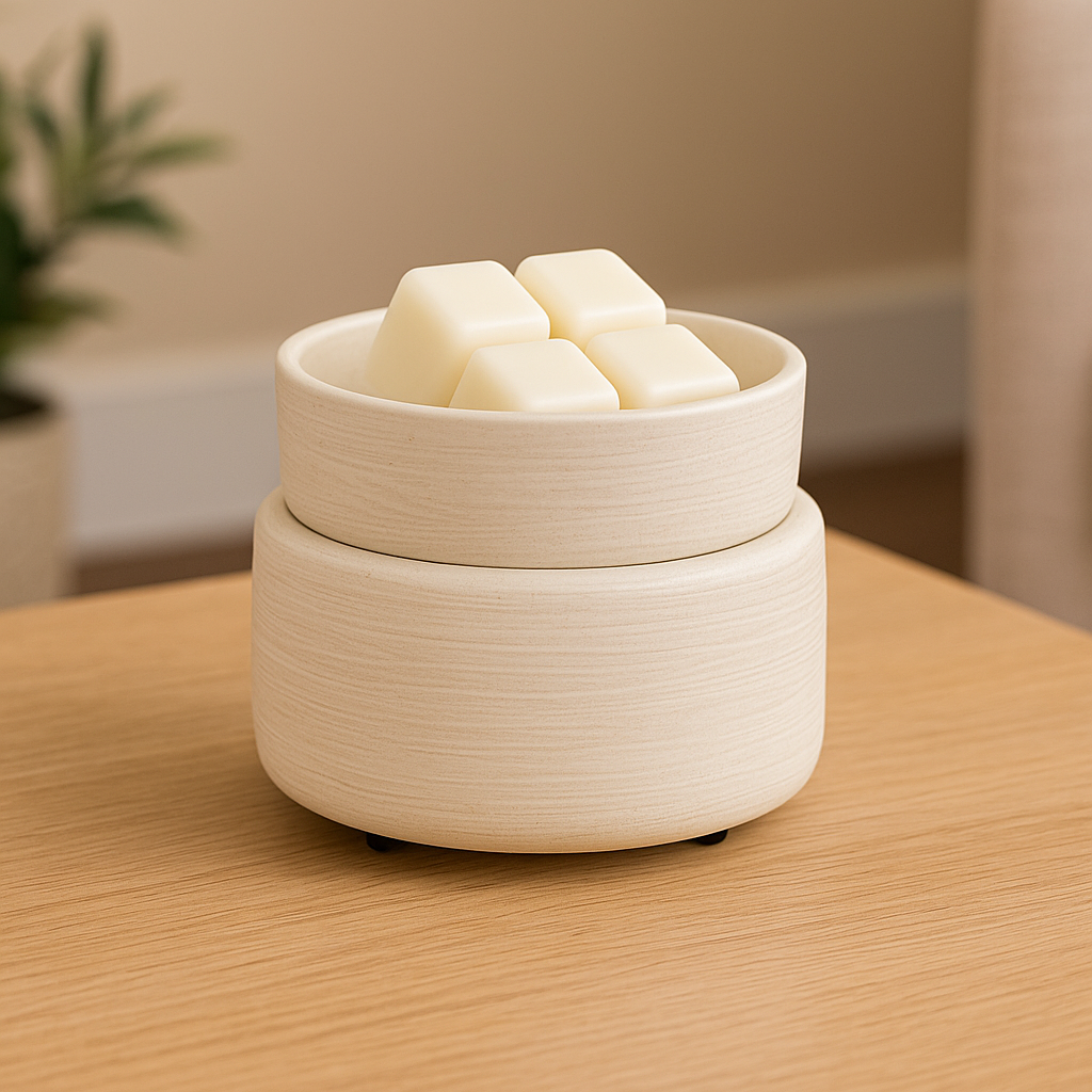 White ceramic container with wax melts on a wooden surface