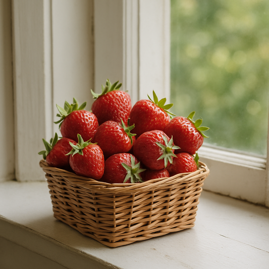 Basket of strawberries on a windowsill with a blurred green background
