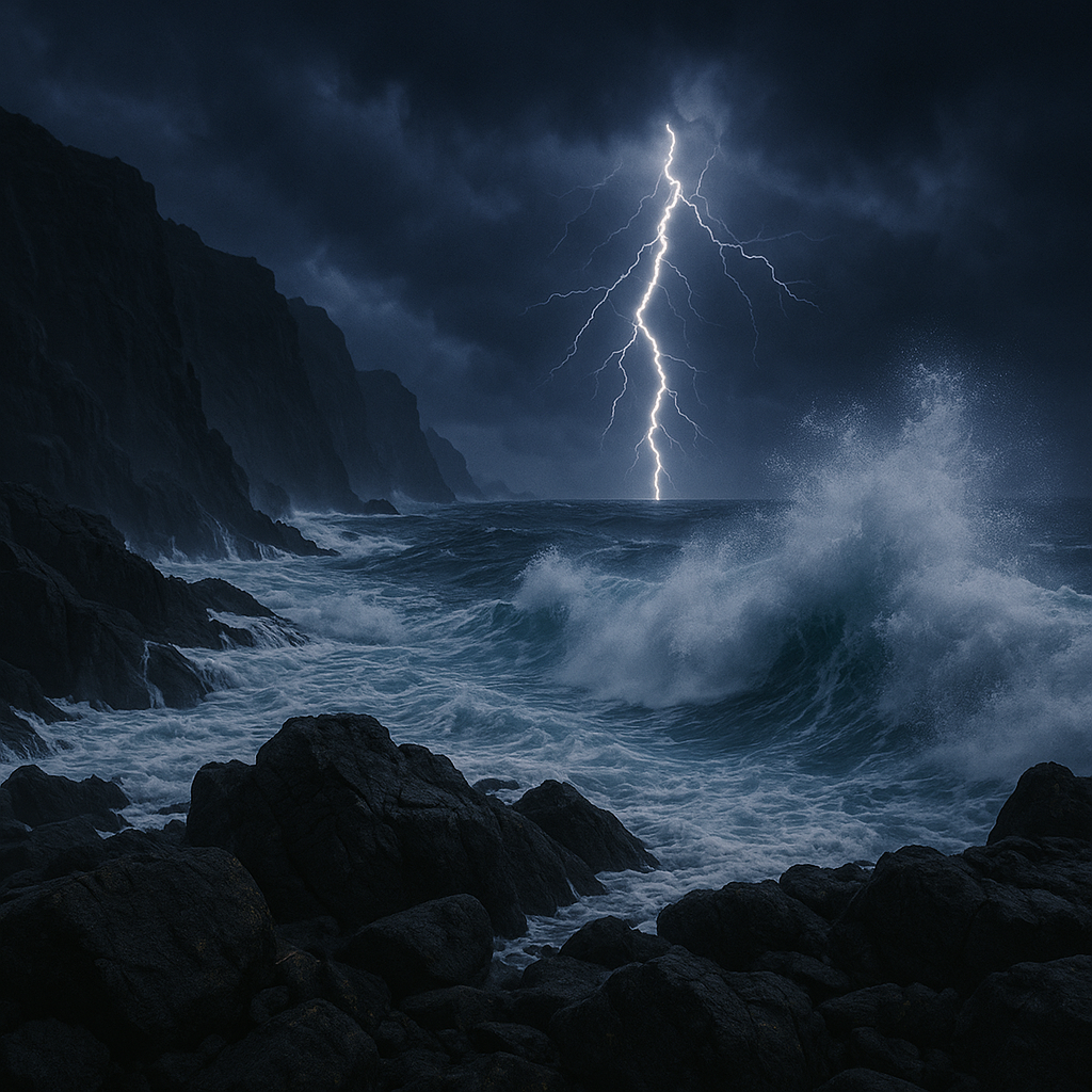 Rocky cliff with crashing waves and lightning.