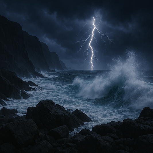 Rocky cliff with crashing waves and lightning.