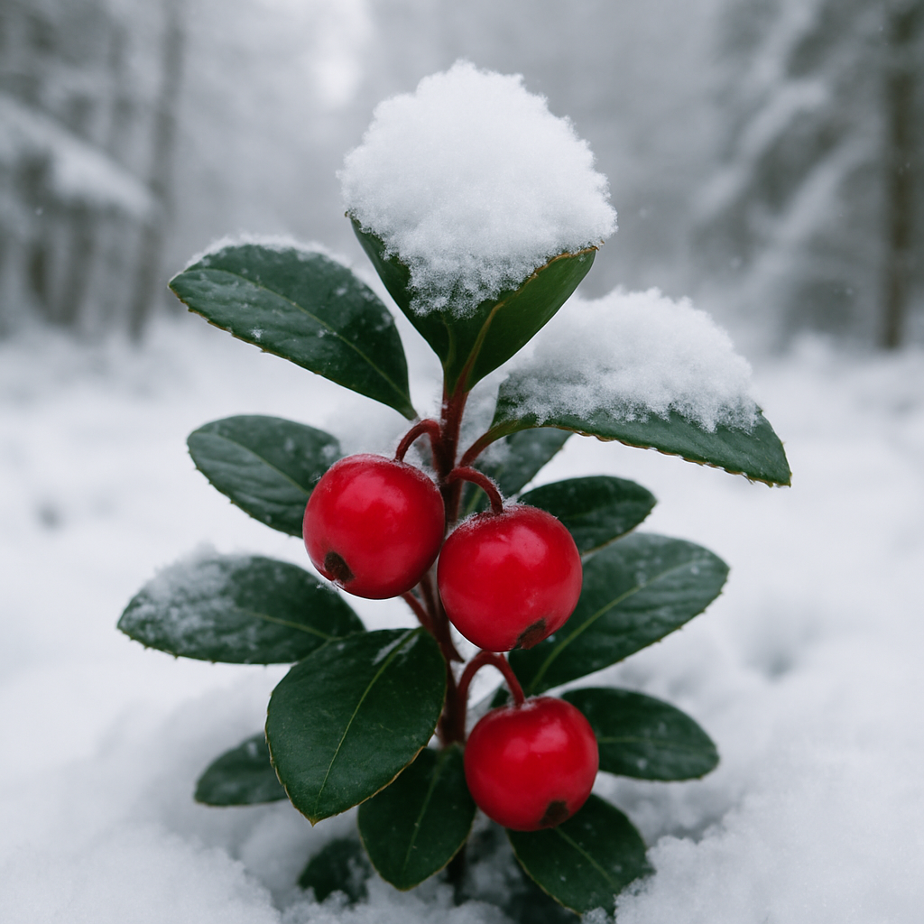 Wintergreen plant with red berries covered in snow.