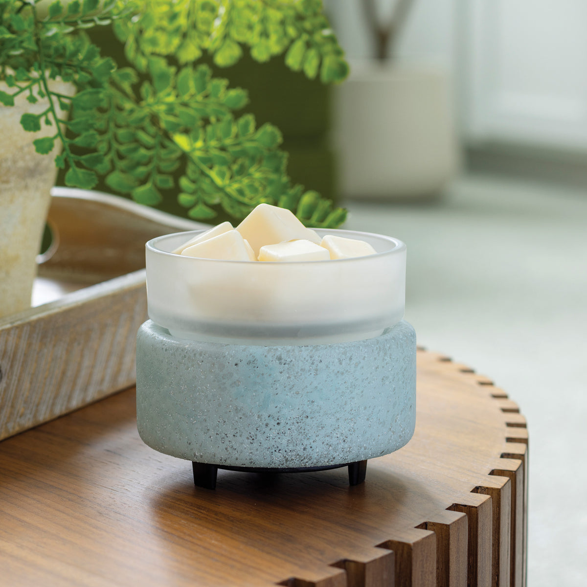 Beach Glass 2-in-1 warmer with flecked aqua glass base and frosted dish