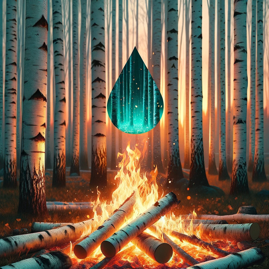 Birchwood forest with a campfire.