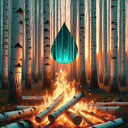 Birchwood forest with a campfire.