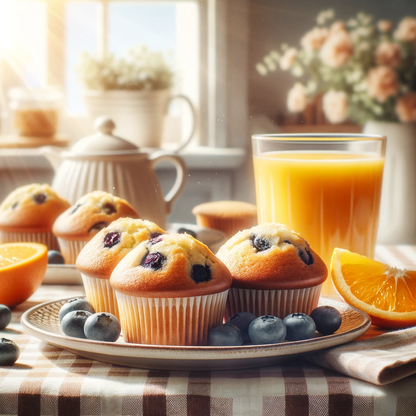Blueberry muffins with a glass of orange juice on a kitchen table.