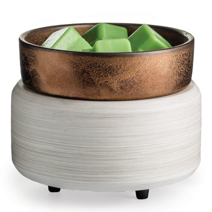 White Washed Bronze 2-in-1 warmer with white base and bronze dish