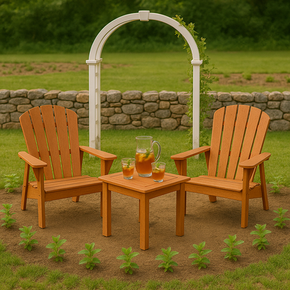 Two wooden chairs with a small table and drinks under a white archway in a garden setting.