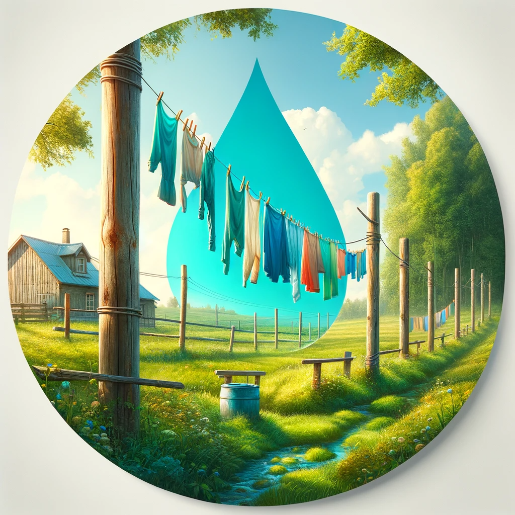 Peaceful country home setting with a clothesline and a blue dewdrop in the background.