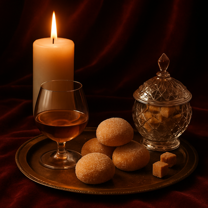 Candlelight and golden pastries on red velvet with amber glass and brass tray — a scene of refined indulgence and luxury.