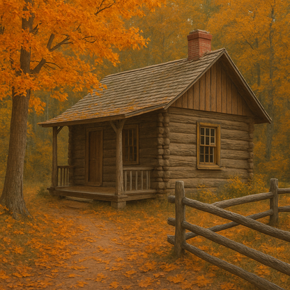 Wooden cabin in a forest during autumn with orange leaves.