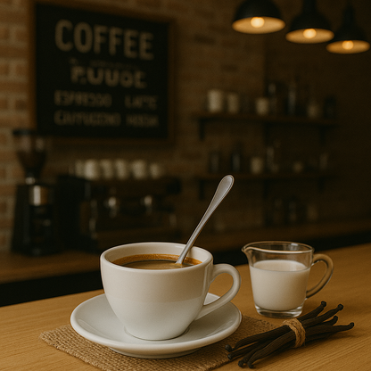 Cup of coffee with a spoon on a saucer, next to a glass of milk and vanilla beans on a wooden table.