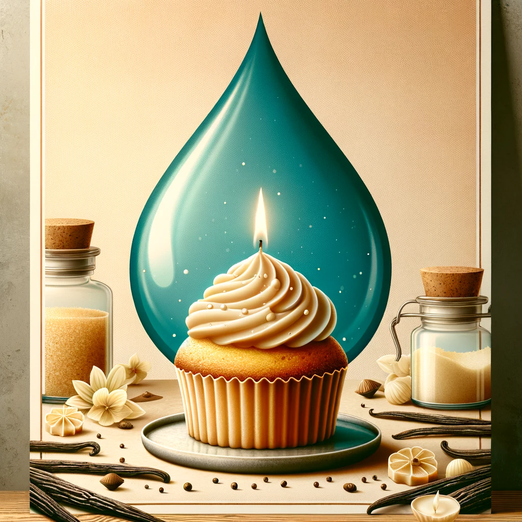 Frosted cupcake candle in front of blue dew drop.