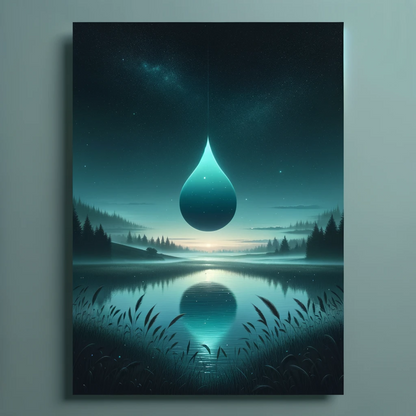 A blue dewdrop in the night sky reflected in water.