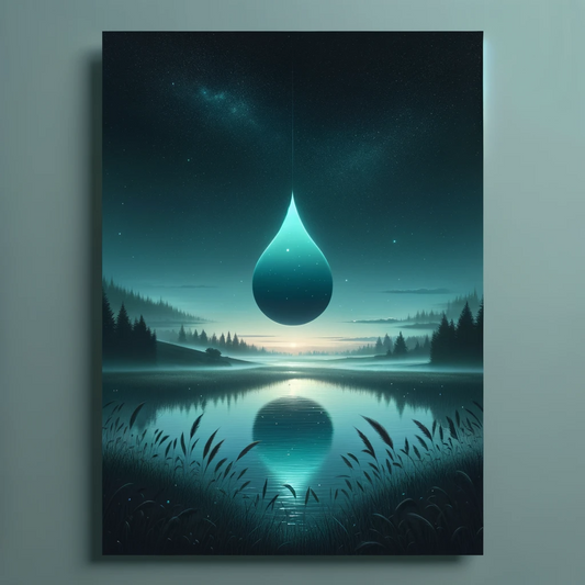 A blue dewdrop in the night sky reflected in water.