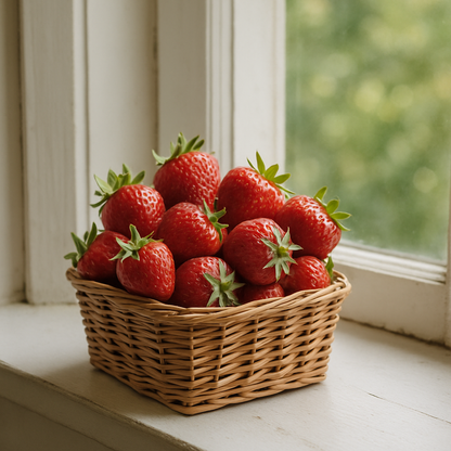 Basket of strawberries on a windowsill with a blurred green background