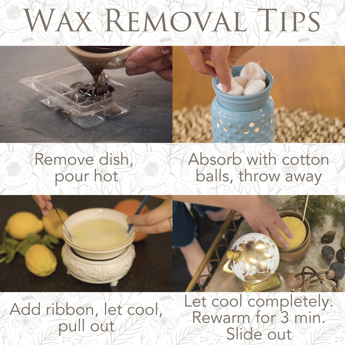Illustrated tips for removing cooled wax from a warmer dish