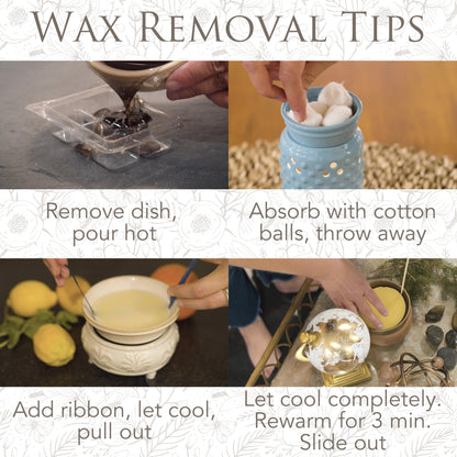 Illustrated tips for removing cooled wax from a warmer dish