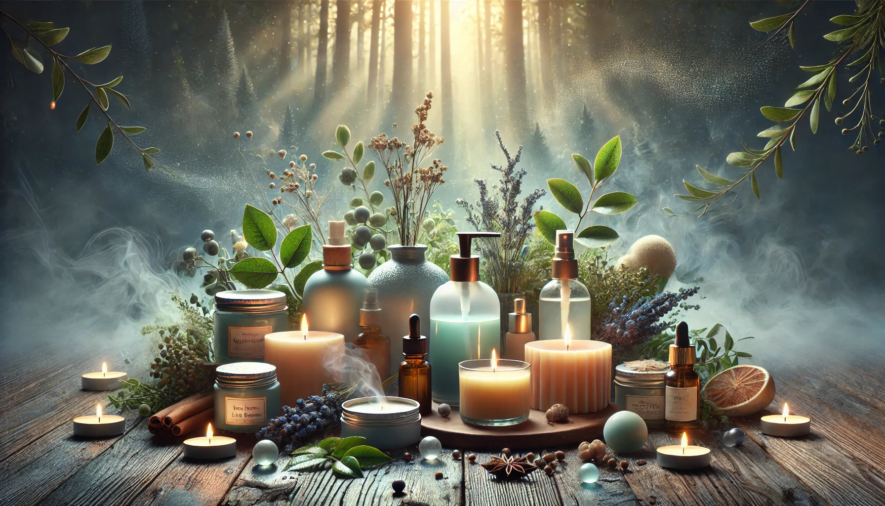 Collection of home fragrance products in an ethereal forest.